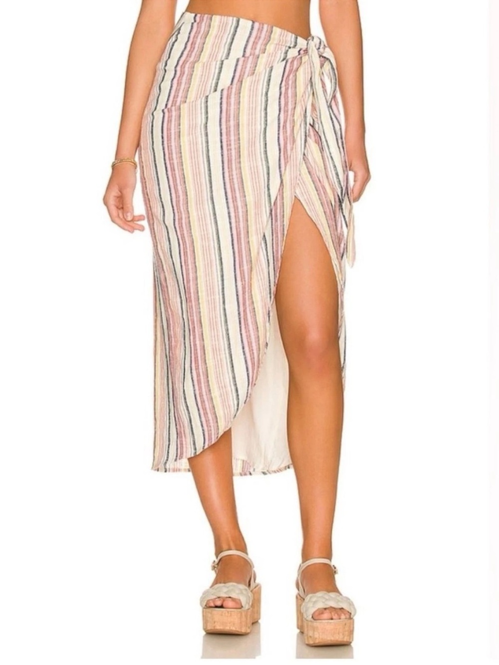 Free People Aubrey Sarong Wrap Midi Skirt Striped Tie Side Slit Boho